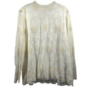 Chicos Women's Blouse Size XL Mesh Overlay Lined Stretch Lace Cotton Long Sleeve